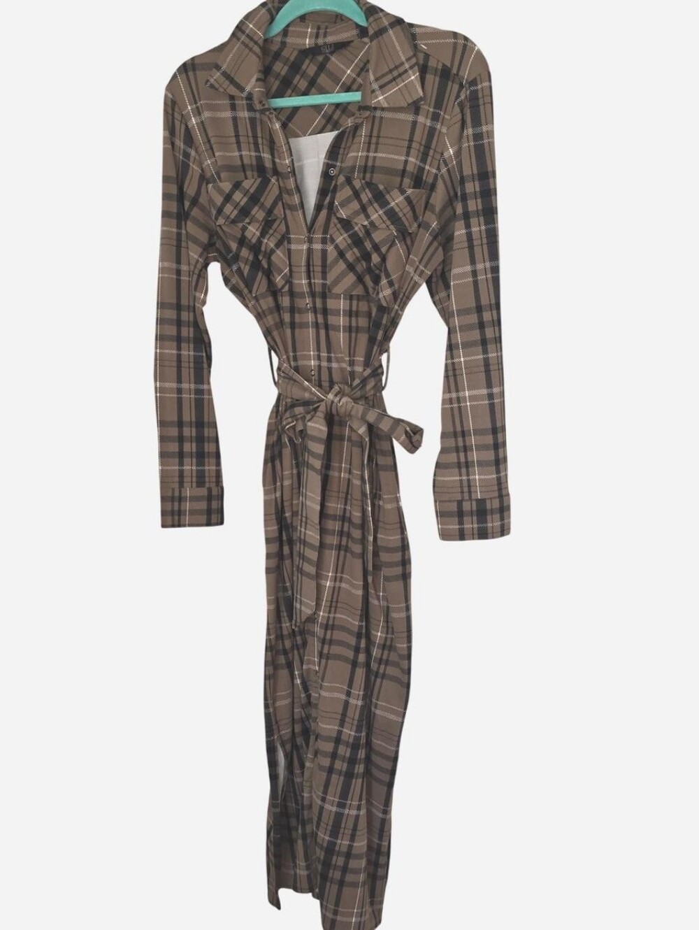Medium Petite Plaid Button-Front Long Shirt Dress in Brown
